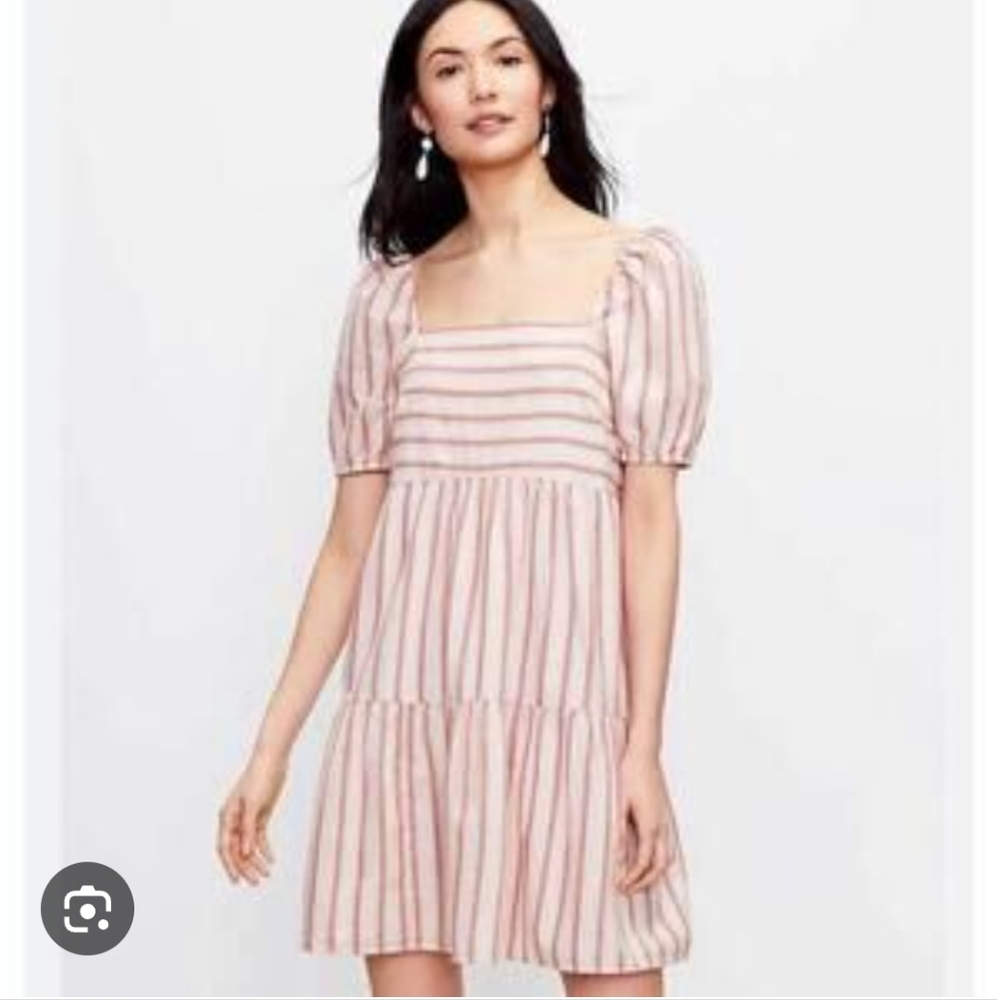 100% COTTON LOFT Casual Short Sleeve Striped Puff Sleeve Dress
